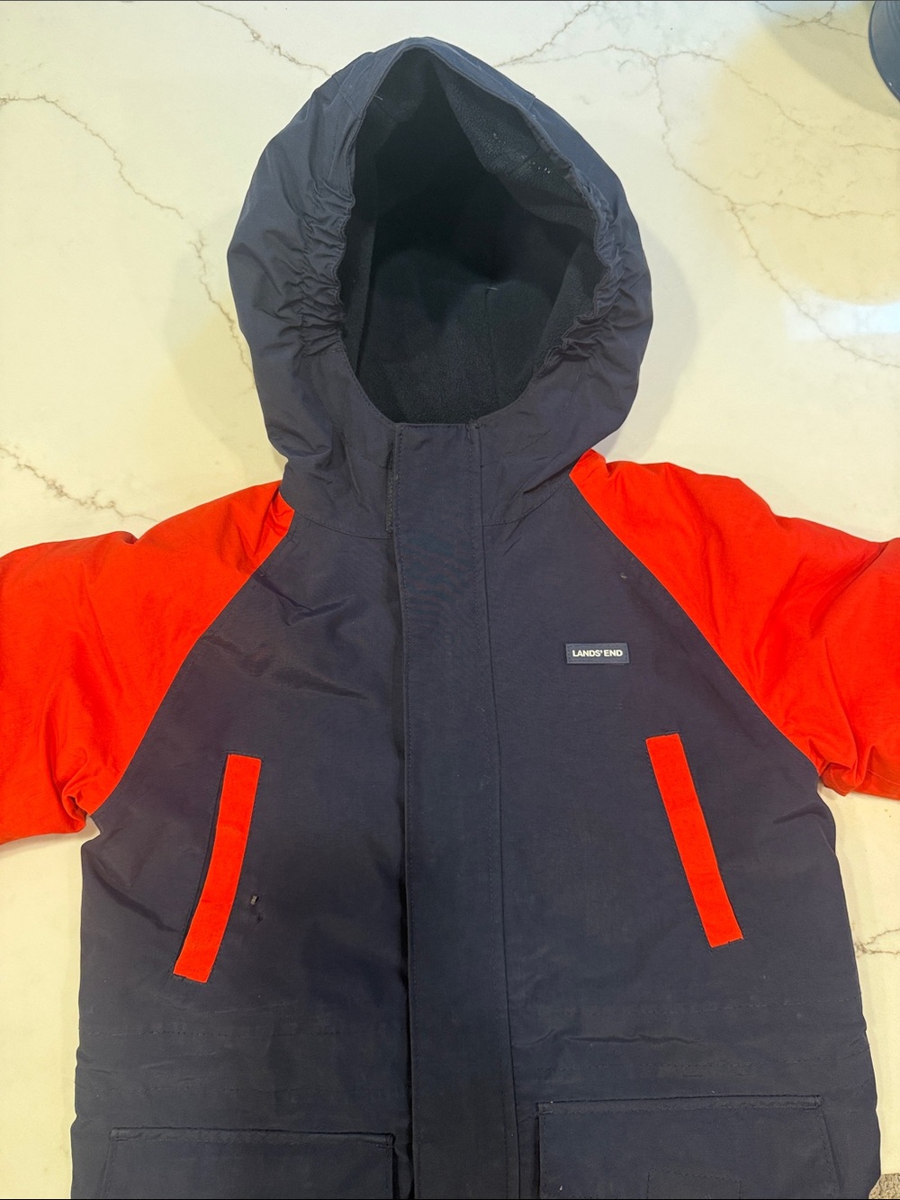 Lands' End Navy and Red Kids Hooded Puffer Coat